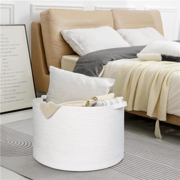 White Cotton Rope Storage Basket, 22" X 22" X 14" Extra Large Blanket Storage - Picture 6 of 7